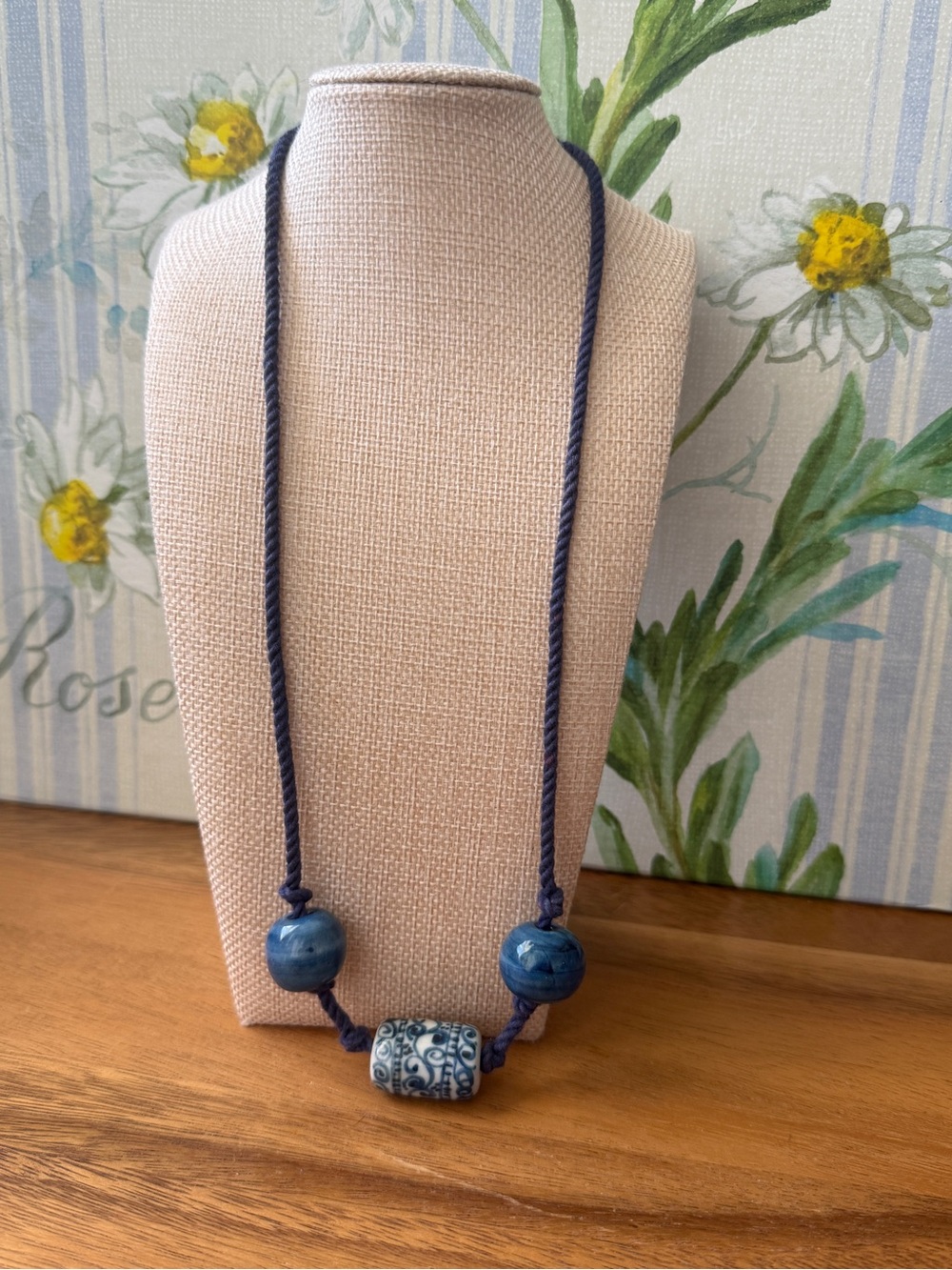 bohemian-style cord necklace
blue and white Chinoiserie porcelain bead